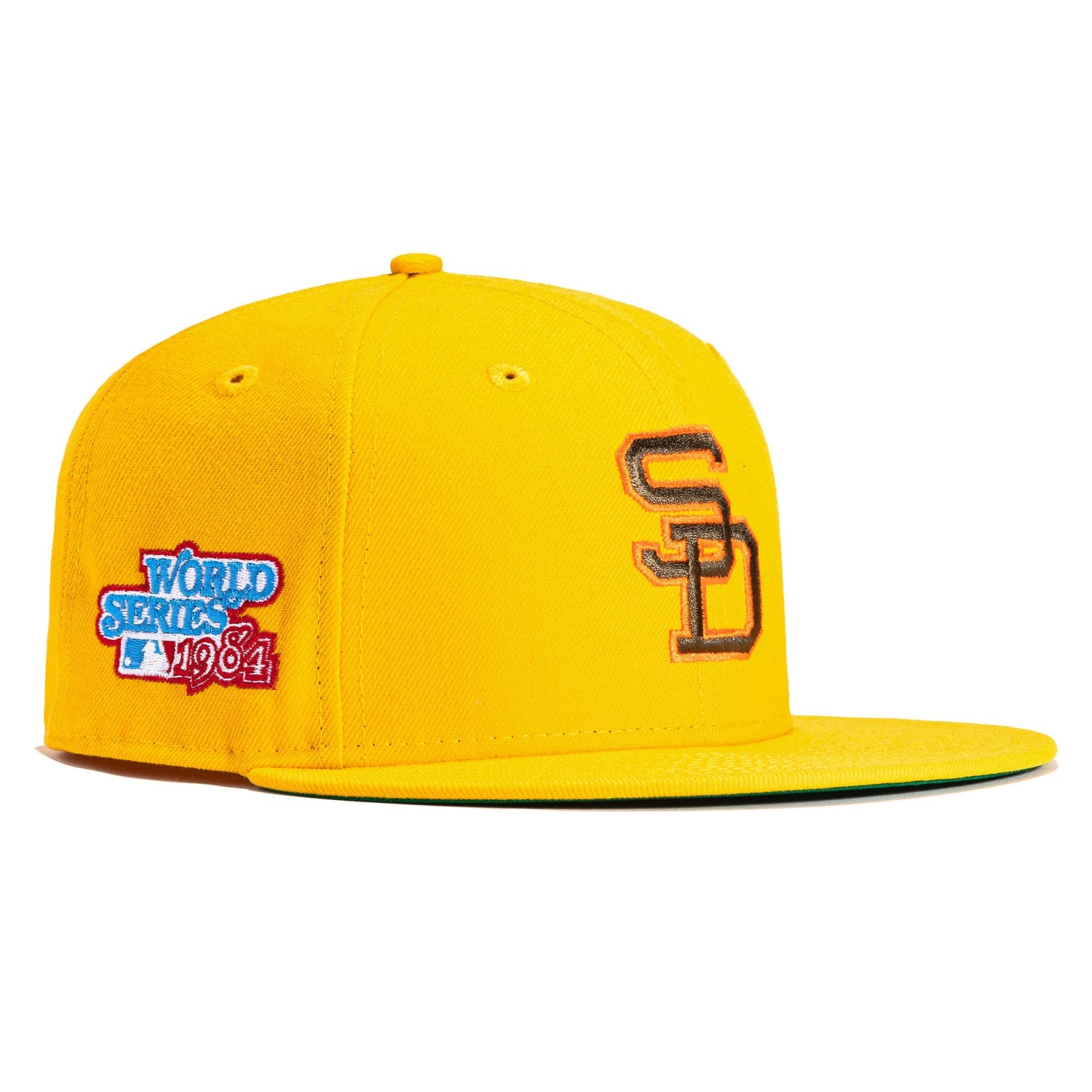 San Diego Padres New Era MLB 59FIFTY 5950 Fitted Cap Hat Brown Crown/Visor Yellow/Orange Cooperstown Logo 1984 World Series Side Patch Green UV 7 1/2