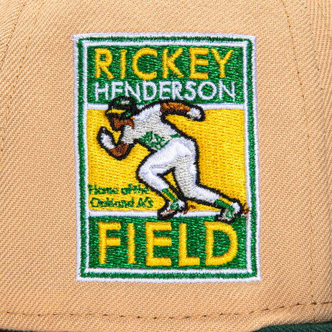 New Era 59Fifty Oakland Athletics Rickey Henderson Field Patch Script Hat - Khaki, Green