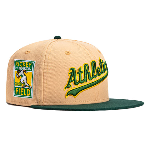 New Era 59Fifty Oakland Athletics Rickey Henderson Field Patch Script Hat - Khaki, Green