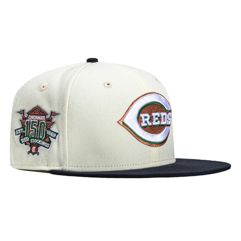 New Era 59Fifty Cincinnati Reds 150th Anniversary Patch Hat - White, Navy, Green, Metallic Copper