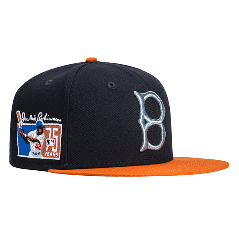 New Era 59Fifty Barbershop Brooklyn Dodgers Jackie Robinson 75th Anniversary Patch Hat - Navy, Burnt Orange