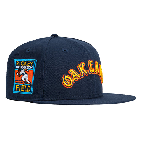 New Era 59Fifty Oakland Athletics Rickey Henderson Field Patch Word Hat - Navy, Gold, Orange