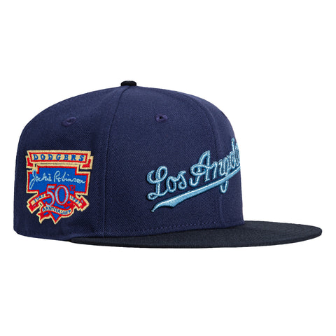 New Era 59Fifty Los Angeles Dodgers Jackie Robinson 50th Anniversary Patch Script Hat - Light Navy, Navy