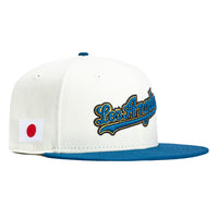 New Era 59Fifty Los Angeles Dodgers Japan Flag Patch Script Hat - White, Indigo, Metallic Gold