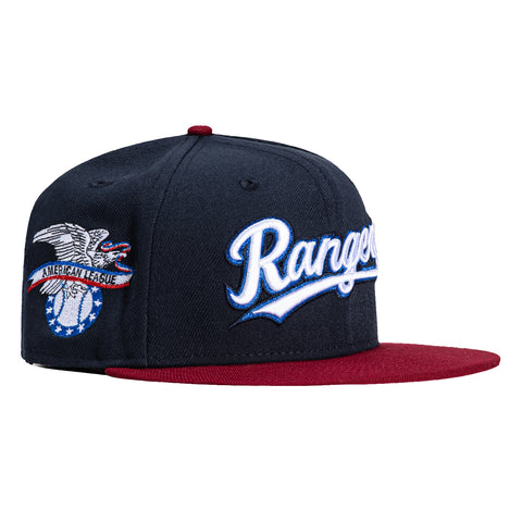 New Era 59Fifty Texas Rangers American League Patch Script Hat - Navy, Cardinal