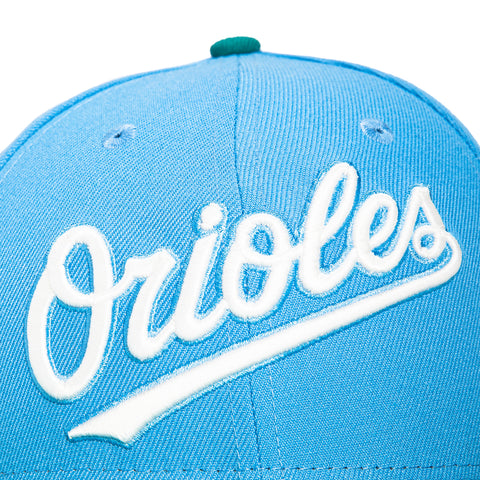 New Era 59Fifty Caribbean Waters Baltimore Orioles 25th Anniversary Stadium Patch Script Hat - Light Blue, Teal