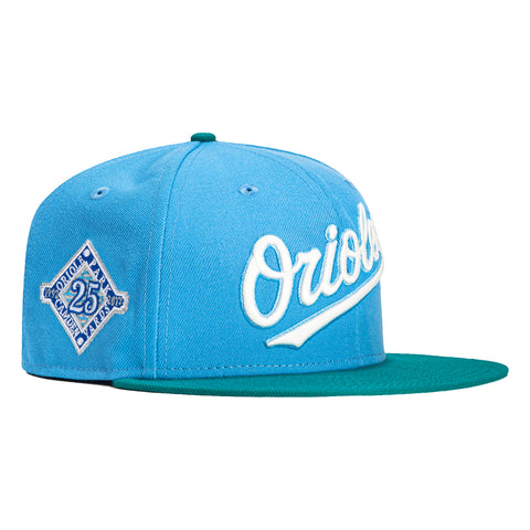 New Era 59Fifty Caribbean Waters Baltimore Orioles 25th Anniversary Stadium Patch Script Hat - Light Blue, Teal