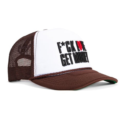 Field Grade F*ck Love Get Money Snapback Trucker Foam Hat - White, Brown