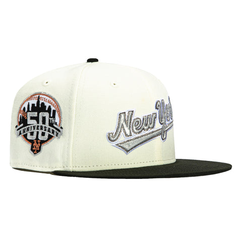 New Era 59Fifty New York Mets 50th Anniversary Patch Script Hat - White, Black, Metallic Silver