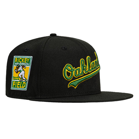 New Era 59Fifty Oakland Athletics Rickey Henderson Field Patch Script Hat - Black, Green, Gold