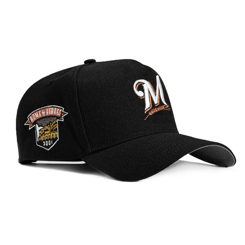 New Era 9Forty A-Frame Milwaukee Brewers Home to Heroes Patch Snapback Hat - Black, Ivory, Metallic Copper