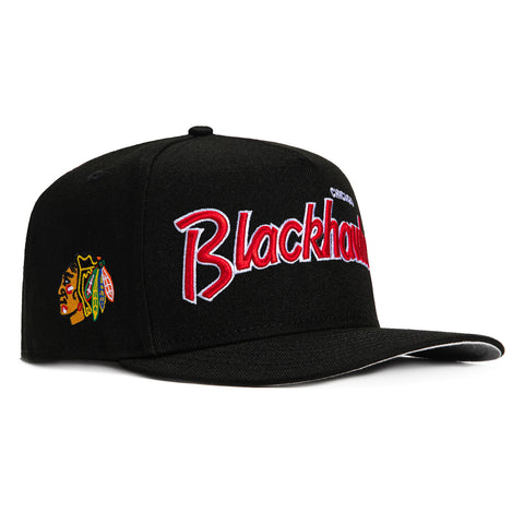 New Era 9Fifty A-Frame Chicago Blackhawks Logo Patch Snapback Script Hat - Black