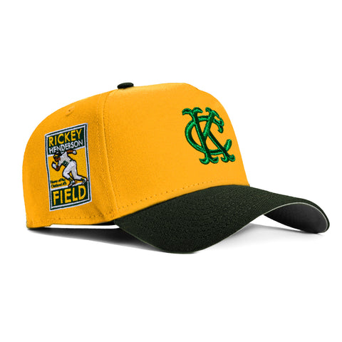 New Era 9Forty A-Frame Kansas City Athletics Rickey Henderson Field Patch Snapback Hat - Gold, Green