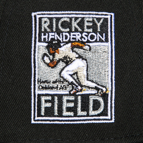 New Era 59Fifty Oakland Athletics Rickey Henderson Field Patch Script Hat - Black, Metallic Silver