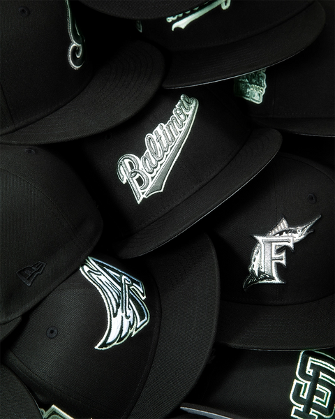 59FIFTY NEW ERA BLACK METALLIC PEARL-ASSORTMENT OF BLACK FITTED HATS-BALTIMORE ORIOLES, LOS ANGELES ANGELS, MIAMI MARLINS