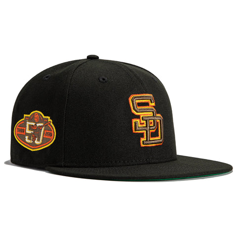 San Diego Padres New Era MLB 59FIFTY 5950 Fitted Cap Hat Black/White Pinstripe Crown/Visor White Logo 40th Anniversary Side Patch Gray UV 7 1/4